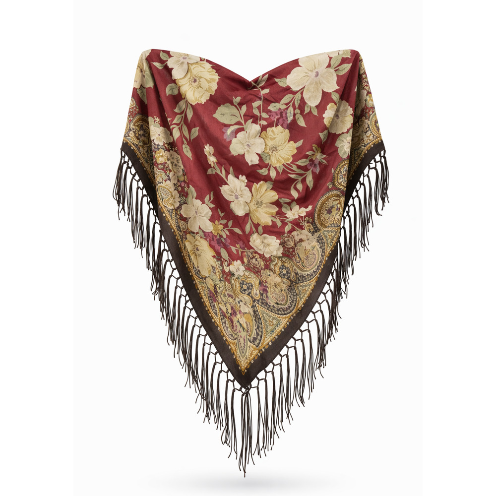 Floral Paisley V Shape Shawl Fringe Hem Boho Cottagecore Wrap Scarf 60x25
